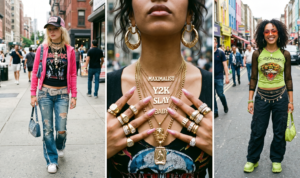 A triptych of 2000s street style. Left: Full-body woman in low-rise flare jeans, a rhino belt, baby tee, open hoodie, trucker hat, and necklaces. Middle: Close-up of layered gold nameplate necklaces, door-knocker earrings, and rings on every finger. Right: Full-body woman in lime green theme, bedazzled tee, chain belts, and tinted sunglasses."