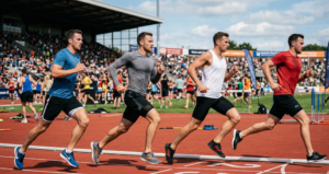 A natural daylight photograph set at a busy athletic track and field environment, with four men in serious workout gear in purposeful motion.