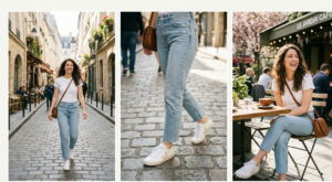 A three-panel photo composite in natural spring style. The left panel shows a woman with dark wavy hair walking down a cobbled city lane. The middle panel is a close-up detail of light-wash jeans and white trainers. The right panel shows the woman laughing at an outdoor cafe table in the same outfit.