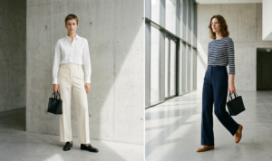 A sharp, multi-panel photo composite emphasizing minimalist tailoring in architectural lighting. Panel 1 features a woman with short hair against a concrete wall. Panel 2 shows a different woman walking through a minimalist modern building lobby.