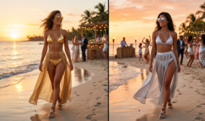 A photorealistic 16:9 vertical split-screen collage capturing two distinct vertical photos, side-by-side, showing two glamorous women walking dynamiclly along wet sand at golden hour during a vibrant evening beach party. On the left, Sarah (tan skin, wavy brown hair) walks confidently to the right, smiling. She wears a high-shine gold metallic bikini under a flowing, sheer gold maxi skirt with a dramatic high side slit, accessorized with layered gold body chains, metallic gold sandals, and reflective gold sunglasses. The background shows blurred party guests, torches, and distant lights under warm sunset reflections. On the right, Chloe (dark wavy hair) walks alongside Sarah to the right, smiling warmly. She wears a high-shine iridescent silver metallic bikini under a matching flowing, sheer silver maxi skirt with a high side slit, accessorized with layered silver body chains, metallic silver sandals, and reflective silver oversized sunglasses. The active beach party environment with dancers, a DJ booth, and palm trees under an orange and pink sunset sky is visible. Wet sand reflects the sunset colors.