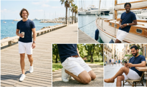 A photo-realistic square collage with four panels, featuring a man in white shorts and different colored long-sleeve performance t-shirts (blue, gray, black, light blue) in natural outdoor settings.