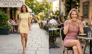 A high-quality, natural 16:9 composite photograph set outside a chic cafe called 'CAFE FLEUR' during a sunlit afternoon in summer 2026. The composition features two scenes side-by-side. The left side shows a woman with wavy brunette hair walking confidently on a paved stone sidewalk toward the camera, mid-stride, smiling naturally, wearing a fitted, ribbed knit mini dress in soft butter yellow shade with short sleeves and a round neckline. She is accessorized with clear strappy heeled sandals, layered silver necklaces, hoop earrings, and carrying a small structured white leather handbag in her right hand. The bustling cafe patio with other blurred patrons and the 'CAFE FLEUR / EST. 2021' sign is in the background. The right side features a different woman sitting elegantly at an outdoor bistro table on the cafe terrace, smiling while sipping from a ceramic coffee cup. She has wavy blonde hair and wears a matching fitted, ribbed knit mini dress in sophisticated dusty rose, featuring short sleeves and a sweetheart neckline. She is accessorized with gold hoop earrings and a delicate gold bracelet stack on her wrist, sitting at a wrought-iron table with other blurred diners and potted plants in the background under soft golden light.