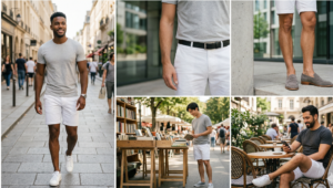 A photo-realistic vertical stack of four panels detailing the man's full white shorts and vest outfit, moving from his head down to his rugged brown leather sneakers.