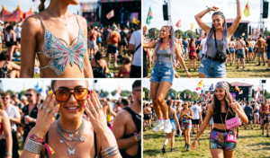 A dynamic four-panel photo grid capturing eclectic festival fashion in bright daylight. Top-left: a model in a rhinestone butterfly top. Top-right: a full-length shot with a metallic tank and denim shorts. Bottom-left: a detailed close-up of Y2K jewelry and sunglasses. Bottom-right: a model in sequined shorts and a romper.