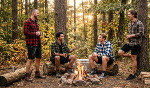 A natural, golden hour photograph capturing four friends gathered naturally around a cozy campfire pit in a tranquil woodland setting.