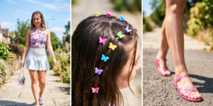 A vertical triptych showing butterfly motif variations. Left: Woman in lavender mesh top and silver holographic skirt. Middle: Close-up of multiple plastic butterfly clips in hair. Right: Focused shot of feet in pink jelly sandals and shimmering legs."