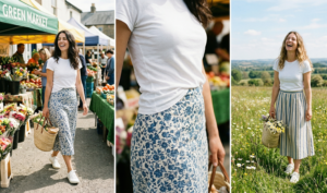 A vibrant boho-casual three-panel photo composite. Panel 1 shows a woman in a floral linen midi skirt and white tee at a farmer's market. Panel 2 is a close-up focus on the 'half-tuck' technique at the waist. Panel 3 shows a different woman with the same outfit formula laughing in a grassy field.