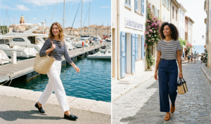 A sunny, nautical-inspired two-panel photo collage. Panel 1 shows a woman walking near a marina in a navy and white Breton top and white trousers. Panel 2 shows a different woman in a coastal town street with a black and white Breton top and navy trousers.