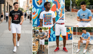 A photo-realistic large horizontal grid showcasing four different men, all in white shorts and vests, but with unique tops, expressions, and activities.