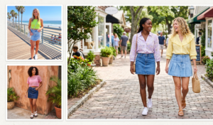 A three-panel montage showcasing denim mini skirts; two small panels show a light-wash distressed skirt and a dark-wash skirt, while the large panel features two friends smiling in pleated and classic denim skirts.