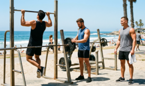 A high-contrast natural daylight photograph at a sunny outdoor beachfront gym, with three athletic men in muscle shirts and black shorts exercising.