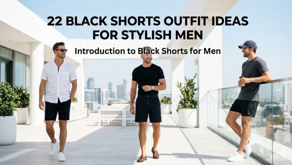 "Blog feature banner for an article titled '22 BLACK SHORTS OUTFIT IDEAS FOR STYLISH MEN' with subtitle 'Introduction to Black Shorts for Men'. It shows three stylish men on a sunlit rooftop patio with modern white architecture and potted plants. They are wearing different outfits featuring black shorts, like a white button-up with sneakers, a black tee with loafers, and a gray tee with a cap and coffee, with a blurred city skyline in the background."