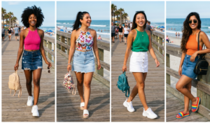 A lively, sun-drenched 16:9 composite street photography image composed of four distinct, vibrant vertical photos capturing four diverse women on a beach boardwalk in summer 2026, wearing denim micro mini skirts and colorful halter tops. The wooden boardwalk, beach, ocean, waves, and clear sky create a lively background under bright sunlight. The collage has white borders. The leftmost panel (col 1) features a woman with curly hair and a dark wash denim skirt and hot pink halter top, wearing chunky sneakers. The next panel (col 2) shows a woman with high ponytail in a light wash skirt and butterfly print halter, wearing platform slides. The next panel (col 3) captures a dynamic model in white denim skirt and green halter, walking confidently. The rightmost panel (col 4) displays a model leaning casually against a railing in classic blue denim skirt and orange halter, wearing rainbow platform slides. All women carry mini backpacks and wear sneakers or platform slides.
