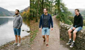 Four photos of a man in different polo shirts and denim shorts in a cafe and garden.