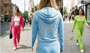 Three women stand on a sunny city street wearing coordinating velour tracksuits. The woman on the left wears a hot pink set, the center woman a baby blue set showing a large rhinestone logo, and the right woman a lime green set carrying a matching bag."