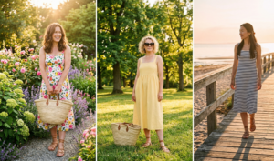 A bright, summery three-panel photo composite celebrating a warm day in golden hour natural light. Panel 1 shows a woman with a floral midi sundress and basket bag in a garden. Panel 2 shows a different woman in a butter-yellow dress in a park. Panel 3 features a third woman in a striped dress walking on a boardwalk.