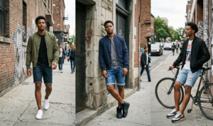 One man sitting on a wooden bench, smiling and talking to another man standing next to him, both in shirts and shorts in a park with a stone wall.