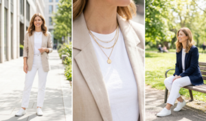 An airy three-panel composite showcasing a monochromatic white look. Panel 1 features a confident woman standing, Panel 2 focuses on layered gold necklaces, and Panel 3 shows the woman in the same look layered with a navy blazer, sitting on a park bench.