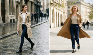 A classic street style two-panel photo collage. The left panel captures a woman walking on a wet cobblestone street, and the right panel features a different woman on a sunny but windy day with a camel trench coat open and flowing.