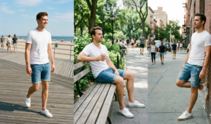 A collage of four photos of a man in a white t-shirt and denim shorts, in different poses and settings (beach, park, street).