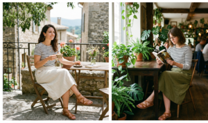 A relaxed and elegant two-panel natural photo collage in documentary-style photography. The left panel shows a woman sitting on an outdoor terrace, and the right panel features a different woman in a leafy indoor cafe reading a book. A