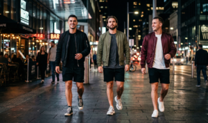 A dynamic natural night photograph capturing three men in a modern urban nightlife scene with blurred city lights and polished reflections.