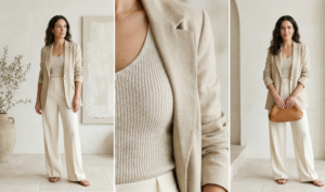 A minimal and luxurious three-panel composition. Panel 1 shows a woman in a cream tonal look against a minimal background. Panel 2 is a detailed close-up of oatmeal ribbed knit and sand-colored blazer textures. Panel 3 shows the complete tonal look with a woman holding a woven tan clutch.