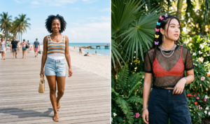 A two-panel collage highlighting summer layering; one woman walks on a boardwalk in a colorful crochet tank over a white swimsuit, and another stands near foliage wearing a black mesh top over a neon orange bralette.