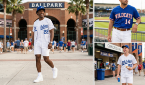 A photo-realistic large horizontal collage of four detailed portraits where the man’s technical performance vest style changes (technical zip, puffer, mesh, utility), always with white chino shorts.