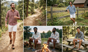 A photo-realistic horizontal strip collage where the man in white shorts takes consecutive steps, capturing the natural motion of his outfit on a rocky trail.