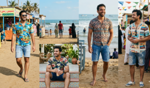 Four photos of a man in different patterned shirts and denim shorts, three on a beach.