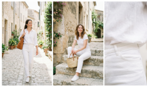 An airy and bright three-panel photo collage celebrating monochromatic white style in high-key natural lighting. Panel 1 shows a woman walking down a sun-drenched European alley with a tan tote. Panel 2 shows a different woman sitting on stone steps. Panel 3 is a close-up detail contrasting white denim and linen textures.