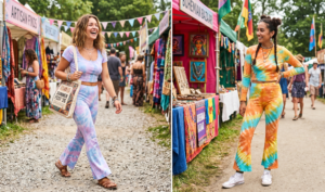 A vibrant 16:9 split-screen photograph at an outdoor bohemian market in summer 2026, with sun-drenched lighting and natural daylight. Stalls and flags are in the background, labeled "ARTISAN FINDS" and "BOHEMIAN BAZAAR." The composite has thin horizontal panels. The left panel shows a joyful woman with wavy, sun-kissed brown hair, laughing heartily while walking from left to right along a gravel path. She wears a pastel tie-dye set (lavender, blue, pink hues) with flare pants and a matching short-sleeve crop top, with brown leather flat sandals and a canvas tote bag with "SUMMER FEST '26" text. The right panel features another woman standing casually with dark hair in space buns, wearing a dynamic orange, yellow, and turquoise tie-dye long-sleeve crop top and matching flare set, paired with white canvas sneakers and socks, holding a bohemian bag. The texture of the cotton fabric is visible. Stalls, people, and festival decorations form the background.