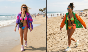 A candid vertical split-screen collage composed of two distinct vertical photos side-by-screen, capturing two different young women embracing an active Y2K beach aesthetic in natural daylight on a breezy day. The final 16:9 image is divided vertically. The left panel shows Sarah (wavy blonde hair flying in the wind) actively walking on wet, sandy beach. She is wearing a vibrant neon pink and blue color-block string bikini paired with an open, retro crinkly purple/pink nylon windbreaker jacket. She sports dark sporty sunglasses, white/pink platform sneakers, and a small black crossbody bag. Right panel: different woman Maya (dark curly high bun) walking dynamically on dry sand. She wears a neon green and orange color-block triangle bikini paired with an open, retro crinkly orange/green nylon windbreaker jacket, wraparound reflective sporty sunglasses, white/neon platform sneakers, and a small neon orange crossbody bag, layered necklaces. Barefoot on wet sand with blurred ocean waves, beachgoers, palm trees, and dunes under bright daytime sky. Natural film grain, movement, and a grainy early 2000s music video vibe.