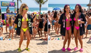 A photorealistic 16:9 vertical split-screen diptych capturing two equal vertical panels capturing two dynamic women celebrating at a lively daytime beach party under bright, natural sunshine. The scene is bustling with a crowd, music, and the vibrant atmosphere of a sandy beach party next to the ocean. Left panel: Woman (mid-20s, tanned skin, wavy blonde hair in a messy high ponytail) stands dancing happily on the sand. She wears a high-visibility, highlighter yellow string bikini layered under an oversized, dark black athletic mesh jersey (number '02' in white, 'BEACH' text above it). Neon yellow sporty slides (with black straps), Y2K-style neon yellow wraparound sunglasses on face, holding colorful plastic cup. Smiling broadly and laughing. Right panel: The second woman (mid-20s, tanned skin, long dark braids with beads) stands laughing joyfully. She wears a vibrant hot pink string bikini layered under an oversized, dark black athletic mesh jersey (number '11' in white, 'PARTY' text above it). matching hot pink sporty slides, neon pink Y2K-style wraparound sunglasses on head, holding colorful cup. Crowd dancing, a DJ booth, banners (BEACH PARTY '99), colorful decorations, Tiki Bar, clear blue ocean with waves under sunny sky. High-resolution, photorealistic natural daylight, sharp focus on women, realistic skin texture (sweat, tan), sand, lively background capture.