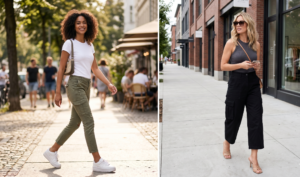 A diptych photograph displaying two different casual urban outfits on two women in outdoor city settings. The left panel features a smiling woman with voluminous curly dark hair walking forward on a sunlit, tree-lined cobblestone street. She is wearing a white fitted crew-neck t-shirt, distressed olive-green skinny cargo pants with pockets, and white platform sneakers. She carries an olive-green shoulder bag. The background shows a bustling sidewalk cafe with people dining under umbrellas. The right panel shows a blonde woman with loose waves walking along an urban sidewalk lined with modern red brick buildings. She is looking down at her smartphone. She wears a charcoal-grey ribbed tank top and high-waisted, wide-leg black cargo pants. She is wearing nude high-heeled mule sandals. The background is a quieter modern street with shop windows. A small star sparkle effect is in the bottom right corner of this panel.
