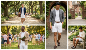 A photo-realistic vertical split collage comparing the rugged technical performance vest look with a casual knitted hoodie, both paired with the same white chino shorts.