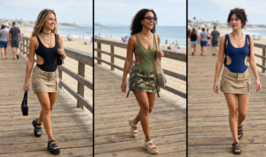 A photorealistic 16:9 vertical split-screen triptych composed of three distinct vertical photos, side-by-side, capturing separate women walking confidently right on a worn wooden boardwalk along a sunny beach during the day. Natural daylight, high-definition, candid lifestyle aesthetic. Left panel: Woman (sun-kissed wavy hair with streaks) walking right, smiling candidly. Wearing black sexy one-piece with side/stomach cutouts, low-rise khaki utilitarian mini cargo skirt with pockets/buckles, chunky black platform sandals, layered silver necklaces, sunglasses on head. Middle panel: different woman (dark curly hair) walking right on wooden boardwalk, laughing genuinely. Wearing olive green cutout one-piece swimsuit, paired with low-rise camouflage utilitarian mini cargo skirt with pockets/straps. Wears chunky beige platform sandals, layered gold/silver necklaces, sunglasses. Right panel: third woman (dark messy hair) walking left on boardwalk, looking forward with relaxed, candid expression. Wearing dark blue cutout one-piece swimsuit, paired with low-rise khaki mini cargo skirt, a canvas belt, and chunky dark brown sandals, layered silver/gold necklaces. Worn wooden boardwalk backdrop with blurry pedestrians, sandy beach, ocean, and coastal town coast under bright daylight.