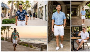 A photo-realistic mixed horizontal collage featuring changing colors (different vests and shirts) and different photo styles (candid, detailed, relaxed), all with white shorts.