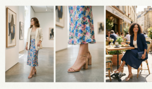An elegant three-panel photo collage perfect for 'smart casual' events. Panel 1 shows a woman admiring art in a gallery. Panel 2 is a close-up detail of block-heel sandals and skirt texture. Panel 3 shows a different woman styled similarly, holding a clutch at an outdoor cafe table.
