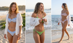 A realistic vertical split-screen triptych composed of three distinct vertical photos side-by-side, capturing separate women embodying a romantic, feminine Y2K beach aesthetic in soft, natural coastal golden hour lighting. Each woman displays the specified look with natural skin and fabric textures. Left panel: A woman (sun-kissed wavy brown hair) stands barefoot on wet sand, smiling softly. She wears a frilly, ruffled bikini in a pale blue floral pattern under a lightweight, flowy white peasant-style cover-up top worn off-the-shoulder, with a delicate shell anklet. Middle panel: A second woman (curly hair with beach waves) laughs genuinely, adjusting her ruffled bikini top in a green/yellow pattern under the same white off-shoulder peasant cover-up, delicate silver anklet. Right panel: A third woman (loose beach waves hair) walks along the water's edge. She wears a different ruffled bikini (lavender/cream gingham pattern) with the same off-the-shoulder white cotton peasant-style cover-up. Background of quiet beach, ocean waves, and coast under warm diffused daylight. Triptych is a single horizontal 16:9 image with thin white lines separating the panels.