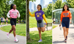 A dynamic 16:9 horizontal photo collage featuring three different active women wearing sporty Y2K colorblock outfits in a modern city park during summer 2026. The collage has three vertical panels with thin borders. The leftmost panel (col 1) shows a fit Black woman with hair in a high ponytail jogging on a paved park path, wearing a pink and white colorblock cropped hoodie and black biker shorts with chunky white running sneakers, looking happy. Background is green park. The next panel (col 2) features a different Mixed-race woman with braided hair stretching against a park tree, wearing a purple and yellow colorblock hoodie and grey biker shorts, with tinted oval Y2K sunglasses and a black nylon belt bag. The rightmost panel (col 3) displays an East Asian confident model pose walking briskly on a sunlit path toward the camera, wearing an orange and navy colorblock hoodie and matching biker shorts, holding a water bottle, and smiling.