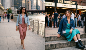 A split-screen horizontal composition featuring two women modeling layered satin slip dresses for a cool summer evening in 2026, set in bustling urban environments at dusk. The focus is sharp on models, background bokeh soft. The left panel shows a woman with dark wavy hair walking confidently along a paved city riverwalk, looking dynamic, wearing a dusty rose satin slip dress paired with a light-wash cropped denim jacket. Strappy heeled sandals and small oval sunglasses perched on her head complete the look. The background is a blurred river with reflection and city skyline lights. The right panel captures another woman with styled dark hair, sitting casually on worn stone steps outside a venue named "THE FOUNDRY," which has signage for live music and Summer 2026, with warm lights and blurred crowds. She wears a vibrant teal satin slip dress layered with a slightly oversized dark indigo denim jacket. She carries a tiny silver chain crossbody bag and wears black platform boots. Both are well-lit by golden hour and venue lights. The split is vertical and distinct.