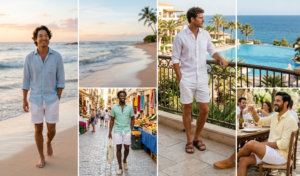 A photo-realistic grid of multi-close-ups focusing on different features: the mesh texture of the vest, a close-up of a smartwatch, the fabric of white chino shorts, and rugged brown leather sneakers on gravel.