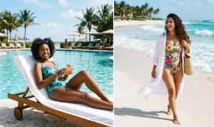 A split-screen photo of women in vibrant tropical swimwear; one lounging by a resort pool in a palm-print high-waisted bikini, and another walking on a beach in a fruit-patterned one-piece with a sheer white cover-up.