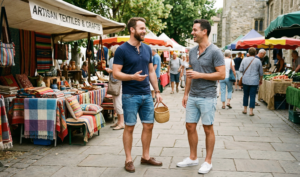 Black and white photo of two men in shirts and trousers, one with a cap, walking and talking on a city street.