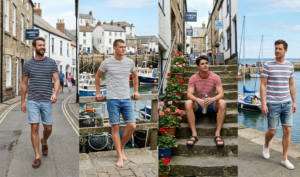 Three men in casual shirts and shorts walking and talking on a tree-lined city street with brick buildings.