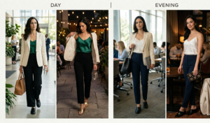 A clever four-panel photo composite illustrating a seamless transition from day to evening. Panels on the left show day looks for two women (one in an office lobby, one with navy trousers and blazer). Panels on the right show evening transitions (the first woman on a restaurant patio removing her blazer, the second woman with blazer off and decorative clutch).