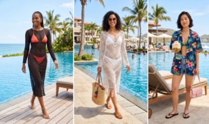 Three women wear resort cover-ups by a tropical pool. On the left, a sheer black mesh overlay dress is worn over a bikini with a straw hat. The center shows a white crochet cover-up and round sunglasses. On the right, an open tropical shirt is worn with flip-flops and a canvas tote.